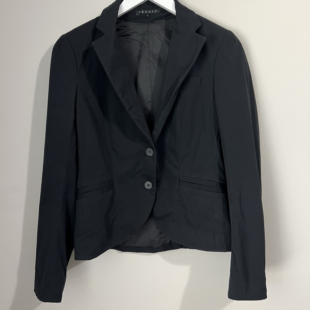 Theory Blazer Women's 6 Black Cotton Single Breasted Peak Lapel Classic Career‎